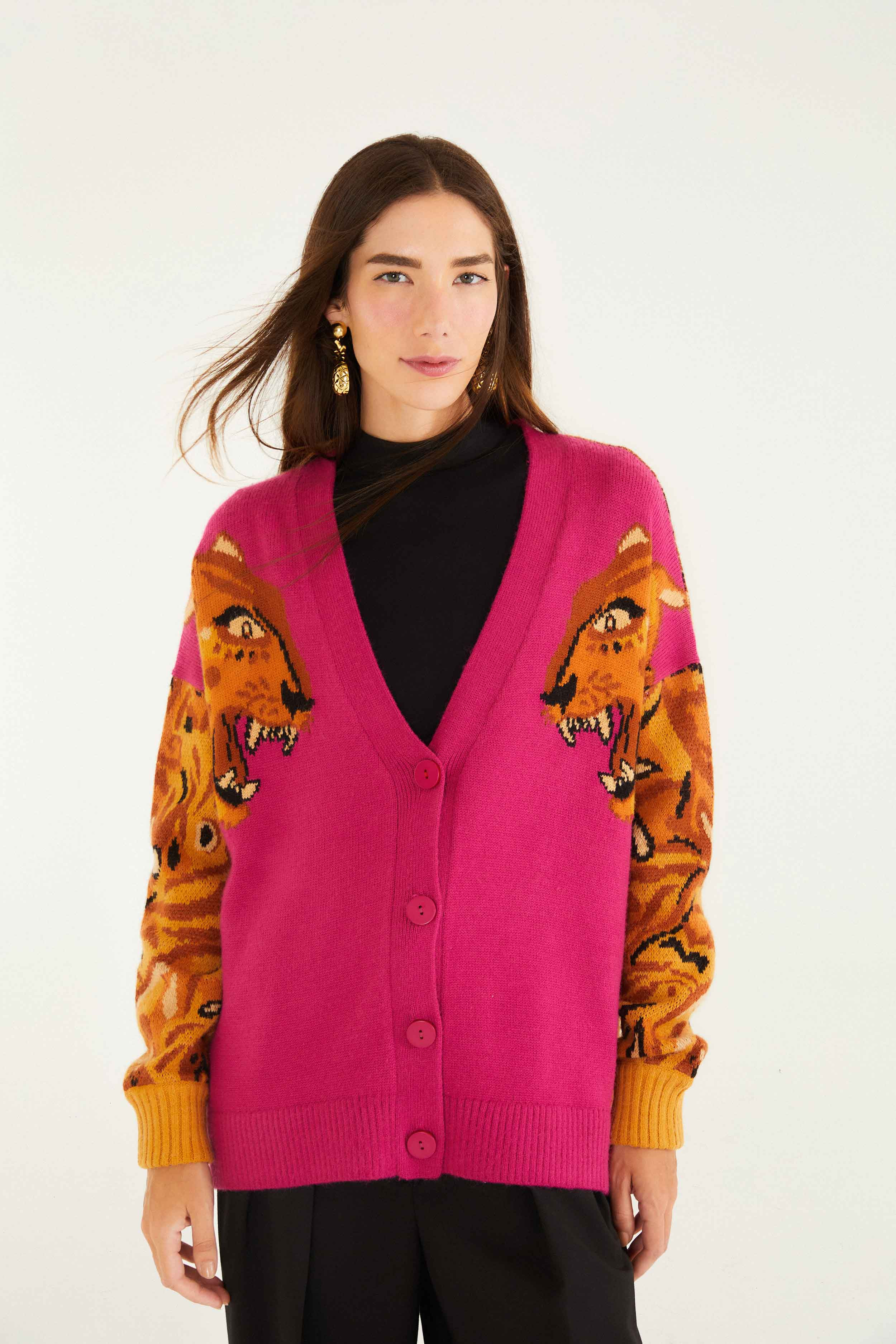 Pink Bold Tiger Buttoned Knit Cardigan | FARM Rio | FarmRio (US)