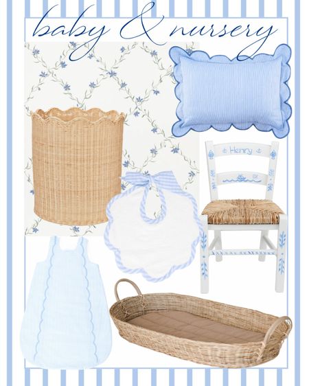 nursery finds | baby girl | baby boy |  classic home | traditional home | blue and white | furniture | spring decor | coffee table | southern home | coastal home | grandmillennial home | scalloped | woven | rattan | classic style | preppy style | grandmillennial decor | blue and white decor | classic home decor | traditional home | bedroom decor | bedroom furniture | white dresser | blue chair | brass lamp | floor mirror | euro pillow | white bed | linen duvet | brown side table | blue and white rug | gold mirror

#LTKbaby #LTKhome #LTKkids