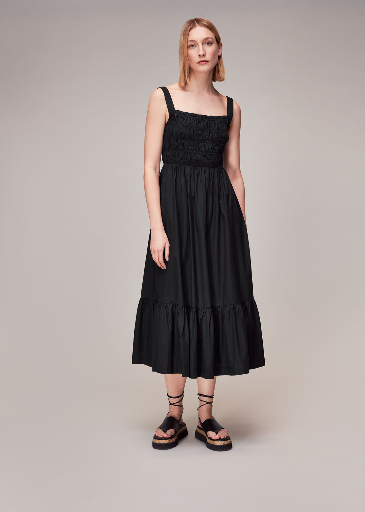 Black Greta Ruched Poplin Dress | WHISTLES | | Whistles