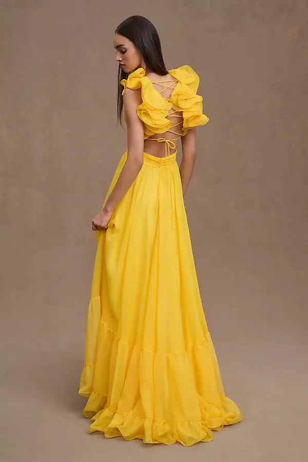 Mac Duggal Indy A-Line Ruffled Back-Lace Chiffon Gown By Mac Duggal in Yellow Size 0 | Anthropologie (US)