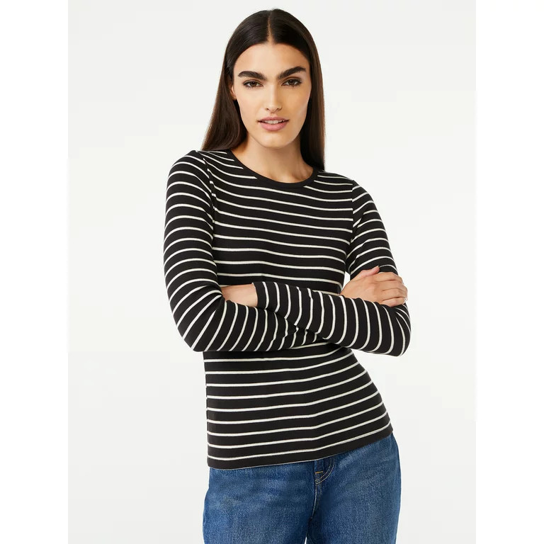 Free Assembly Women's Ribbed Crewneck Top with Long Sleeves - Walmart.com | Walmart (US)