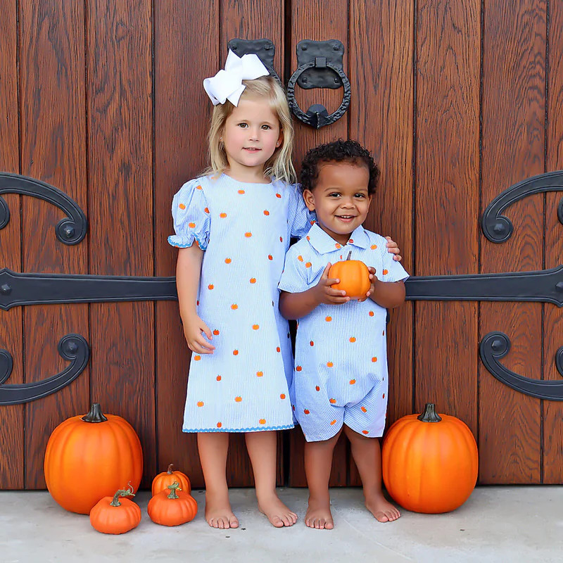 Pumpkin Schiffli Light Blue Gingham Eleanor Dress | Classic Whimsy
