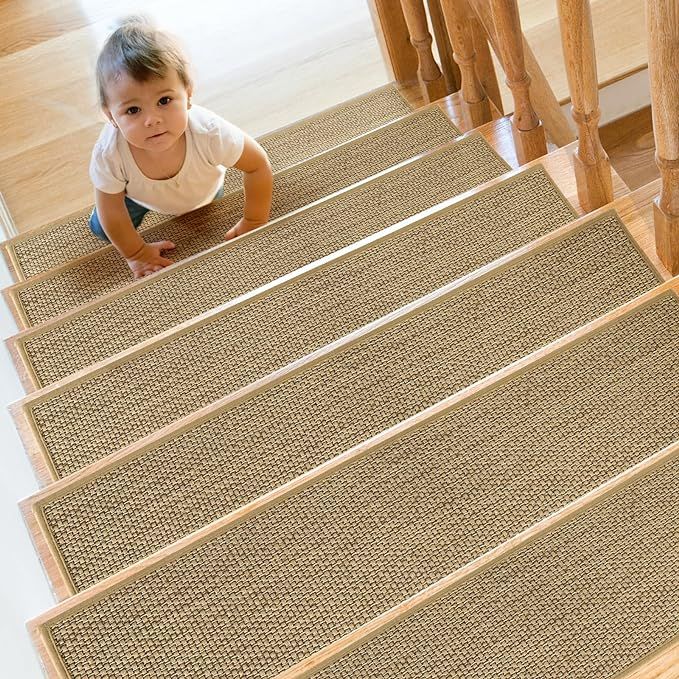 Natural Linen Non Slip Stair Treads for Wooden Steps Indoor, 8" x 30" 15 Pack, Carpet Stair Tread... | Amazon (US)