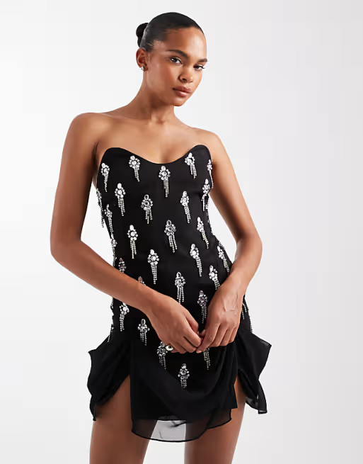 ASOS DESIGN corset detail embellished drape mini dress in black | ASOS (Global)