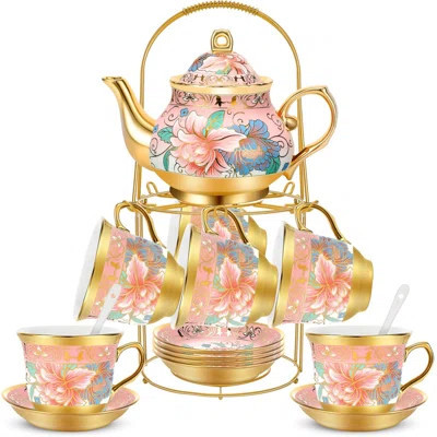 Vintage Floral Porcelain Tea Set With Metal Holder - 20 Piece European Ceramic Tea Party Set Includes Teapot, Cups, Saucers & Spoons For 6 People | Wayfair North America