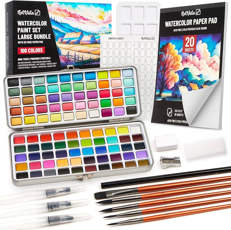 Premium Watercolor Paint Set Bundle with 100 Bright Colors & Paper Pad for Beginners & Profession... | Amazon (US)