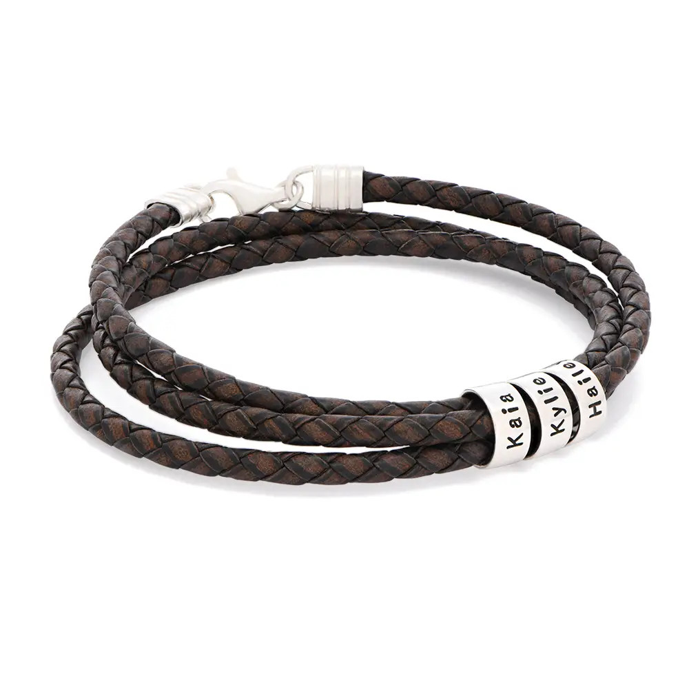 Navigator Braided Brown Leather Bracelet for Men with Custom Beads in Silver | MYKA