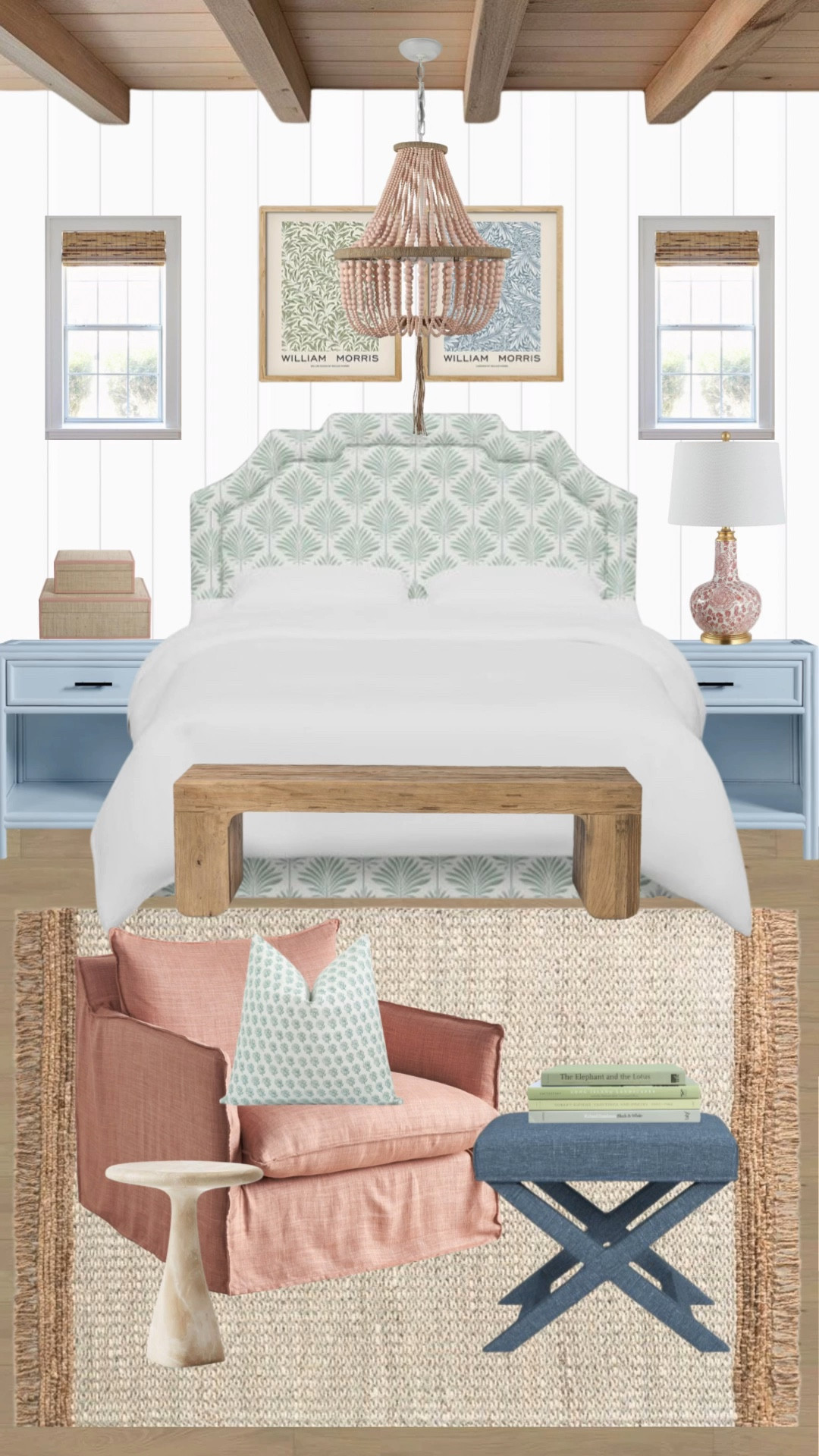 Light, airy and breezy spring bedroom refresh. 

Wood bench. Upholstered bed. Pink chair. Floral prints. Blue nightstands. Pink lamp. Jute rug  

#LTKHome