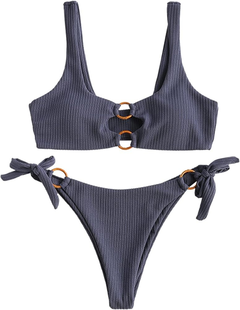 Amazon.com: ZAFUL Women's Ribbed Solid O-Ring String Bikini Tie Side Swimsuit Two Pieces Bathing ... | Amazon (US)