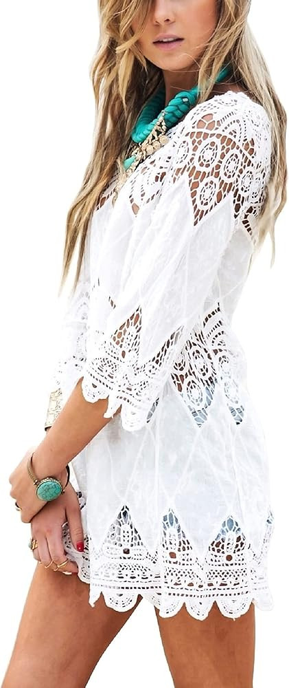 Women's Bathing Suit Cover Up Lace Crochet Tunic Bikini Beach Dress (M, White) | Amazon (US)