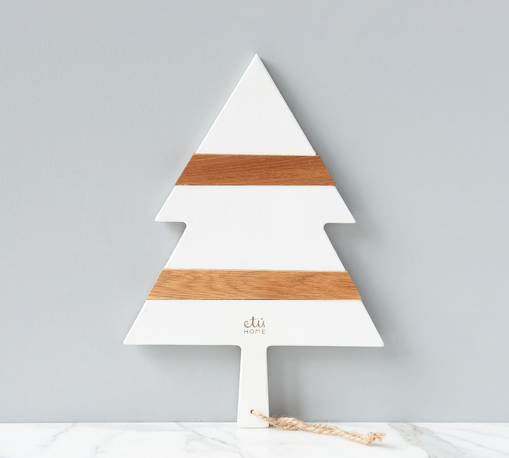 Holiday Tree Shaped Reclaimed Wood Cheese Board, Large - White | Pottery Barn (US)