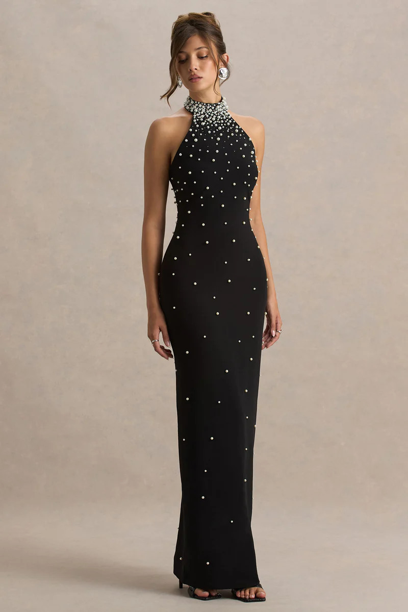 Dani  Black Embellished Halter-Neck Maxi Dress | Club L London