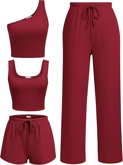 Ekouaer Womens 4 Piece Lounge Sets Ribbed Knit Crop Tank Top and Shorts Pants Casual Outfits | Amazon (US)