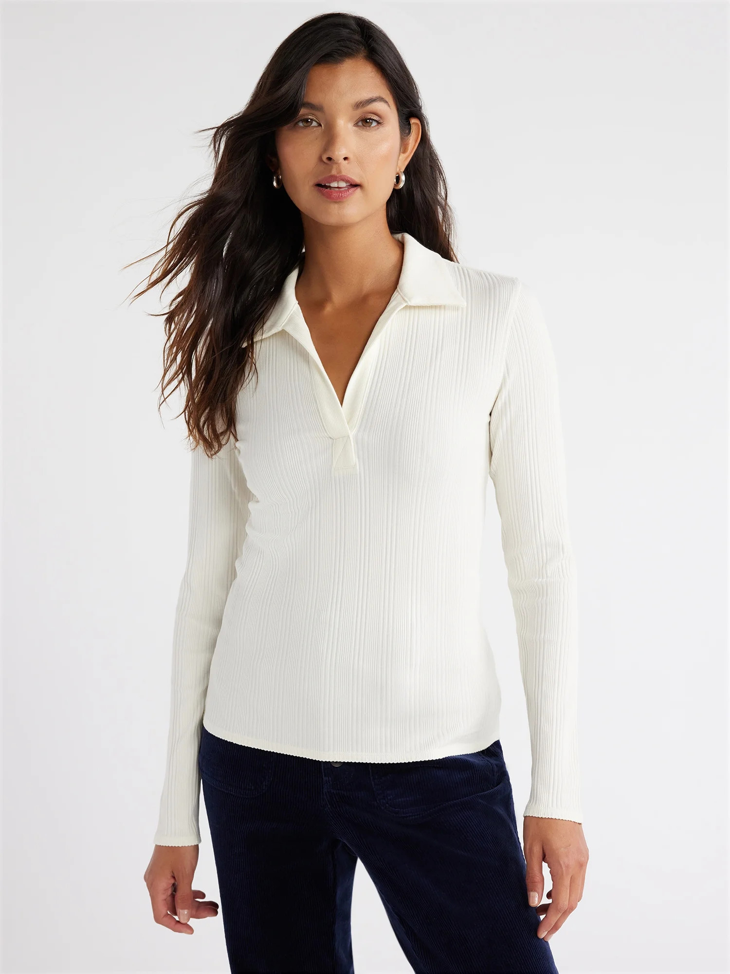 Free Assembly Women's Open Neck Polo Top with Long Sleeves, Sizes XS-XXXL | Walmart (US)