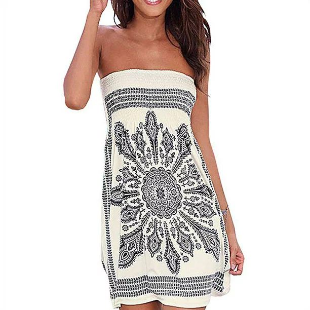 Women's Summer Dress Strapless Floral Print Bohemian Casual Mini Beach Dress - Walmart.com | Walmart (US)