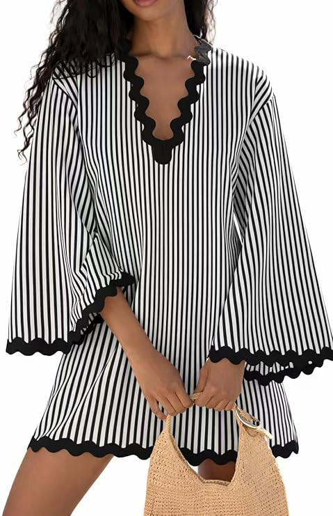 VAOYIU Women's Boho Striped V-Neck Dress Flowy Bell Sleeves Cover Up with Wavy Trim Beach Resort ... | Amazon (US)