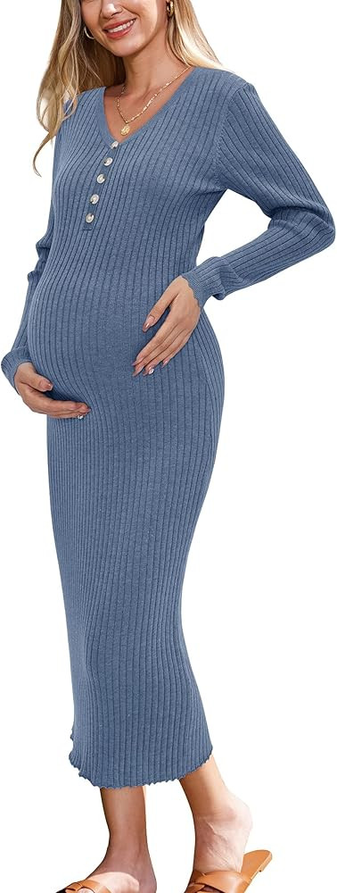OUGES Women's Wool Blend 2024 Fall Maternity Sweater Dress V Neck Long Sleeve Slim Fit Ribbed Kni... | Amazon (US)