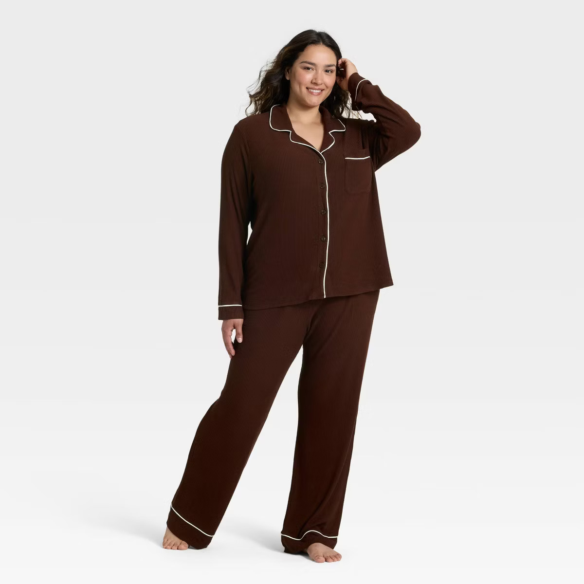 Women's Cozy Ribbed Notch Collar Long Sleeve Shirt and Pants Pajama Set - Auden™ | Target