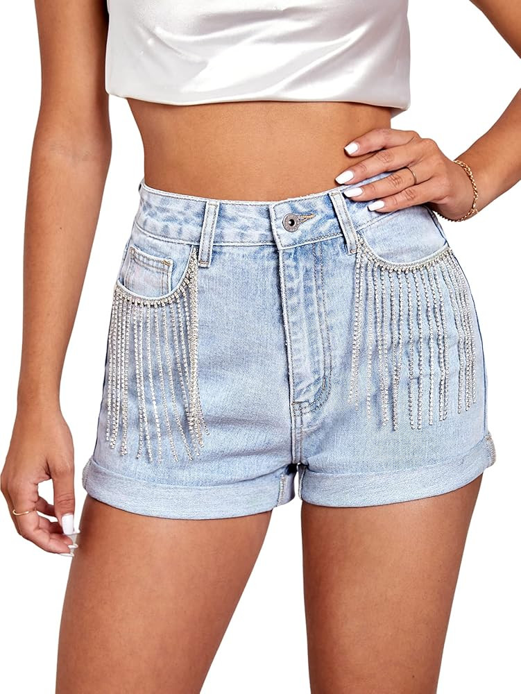 Verdusa Women's High Waisted Rhinestone Fringe Trim Denim Shorts | Amazon (US)