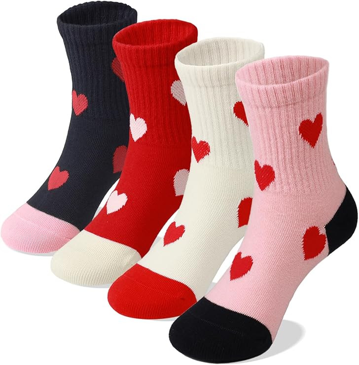 COTTON DAY Kids Girls Pink White Crew Athletic Socks with Retro Stripes Hearts | Amazon (US)