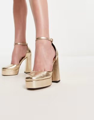ASOS DESIGN Priority platform high heeled shoes in gold | ASOS (Global)