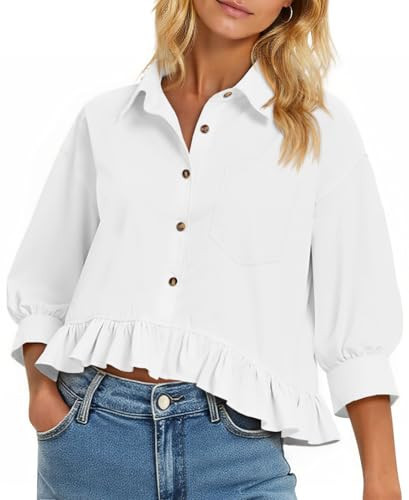 Cicy Bell Womens Cropped Button Down Shirts 3/4 Length Sleeve Casual Cotton Blouses Loose Fit Ruf... | Amazon (US)