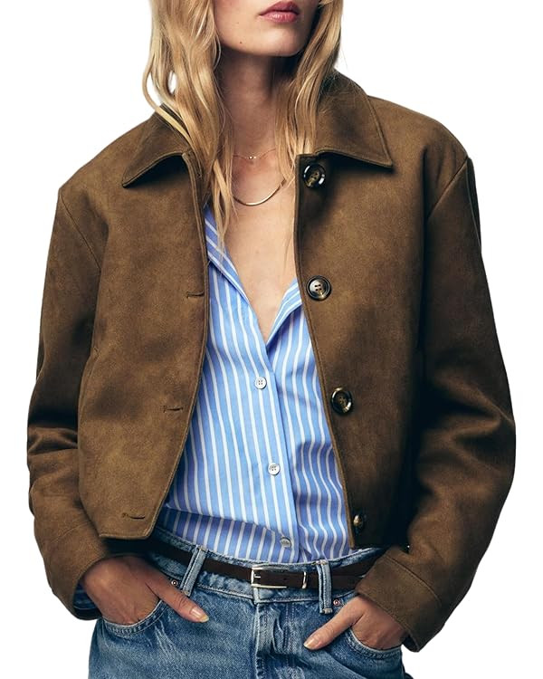 Women's Faux Suede Cropped Jackets Button Down Coat Cropped Casual Jacket Fall Fashion Outerwear ... | Amazon (US)