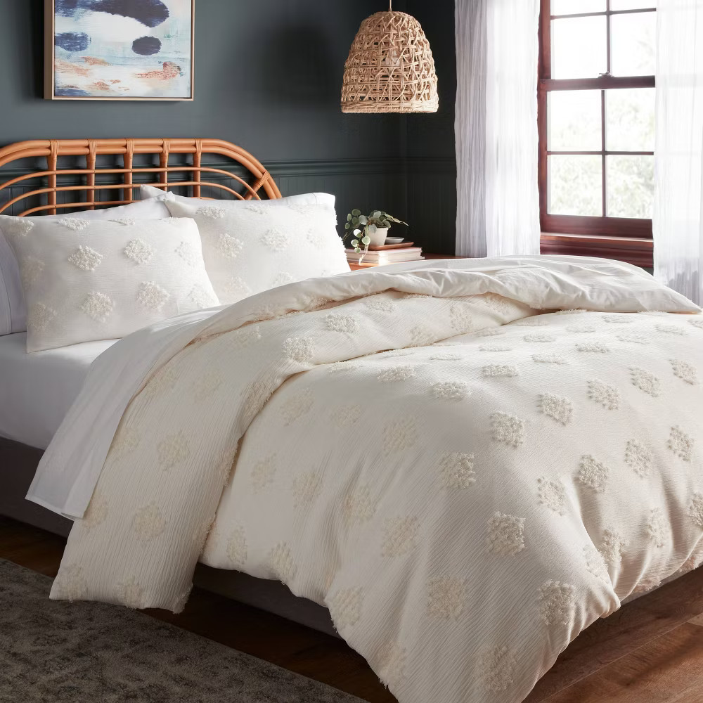 Full/Queen Tufted Diamond Crinkle Duvet Cover and Sham Set Ivory - Threshold | eBay | eBay US