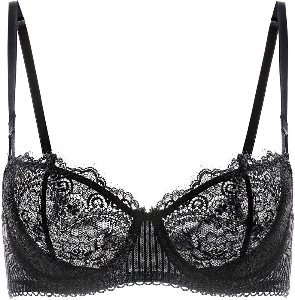 DOBREVA Women's Sexy Lace Push Up Plus Size Bra Sheer Balconette Underwire Unlined | Amazon (US)