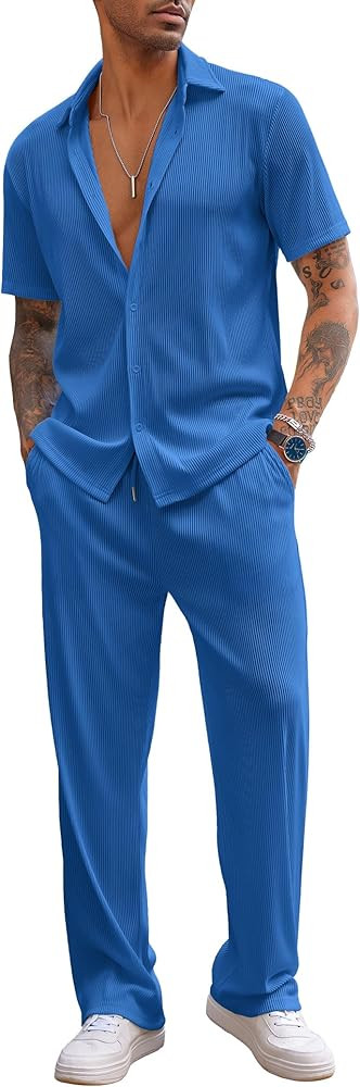 COOFANDY Men's 2 Piece Outfit Casual Short Sleeve Button Down Shirt Beach Summer Loose Pant Sets | Amazon (US)
