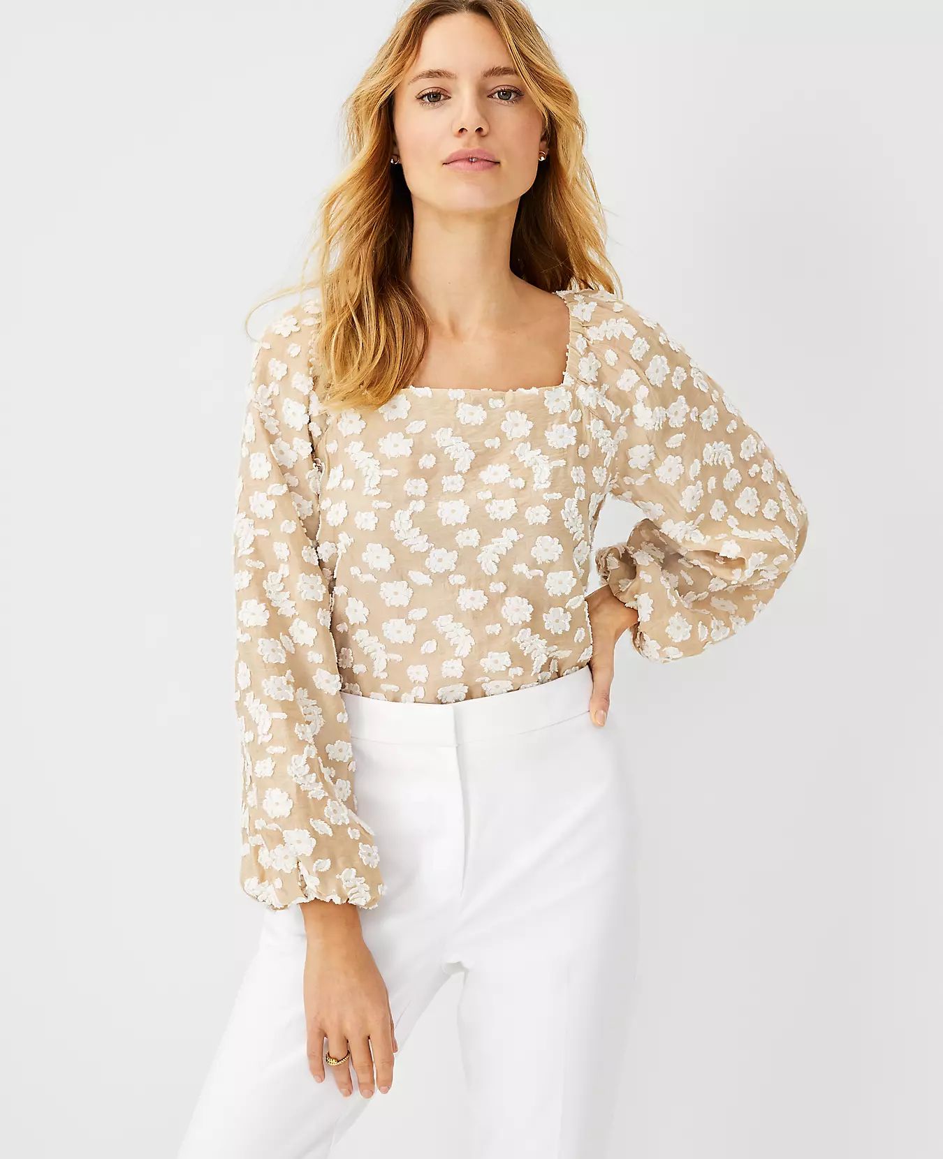 Floral Clip Square Neck Puff Sleeve Top | Ann Taylor | Ann Taylor (US)
