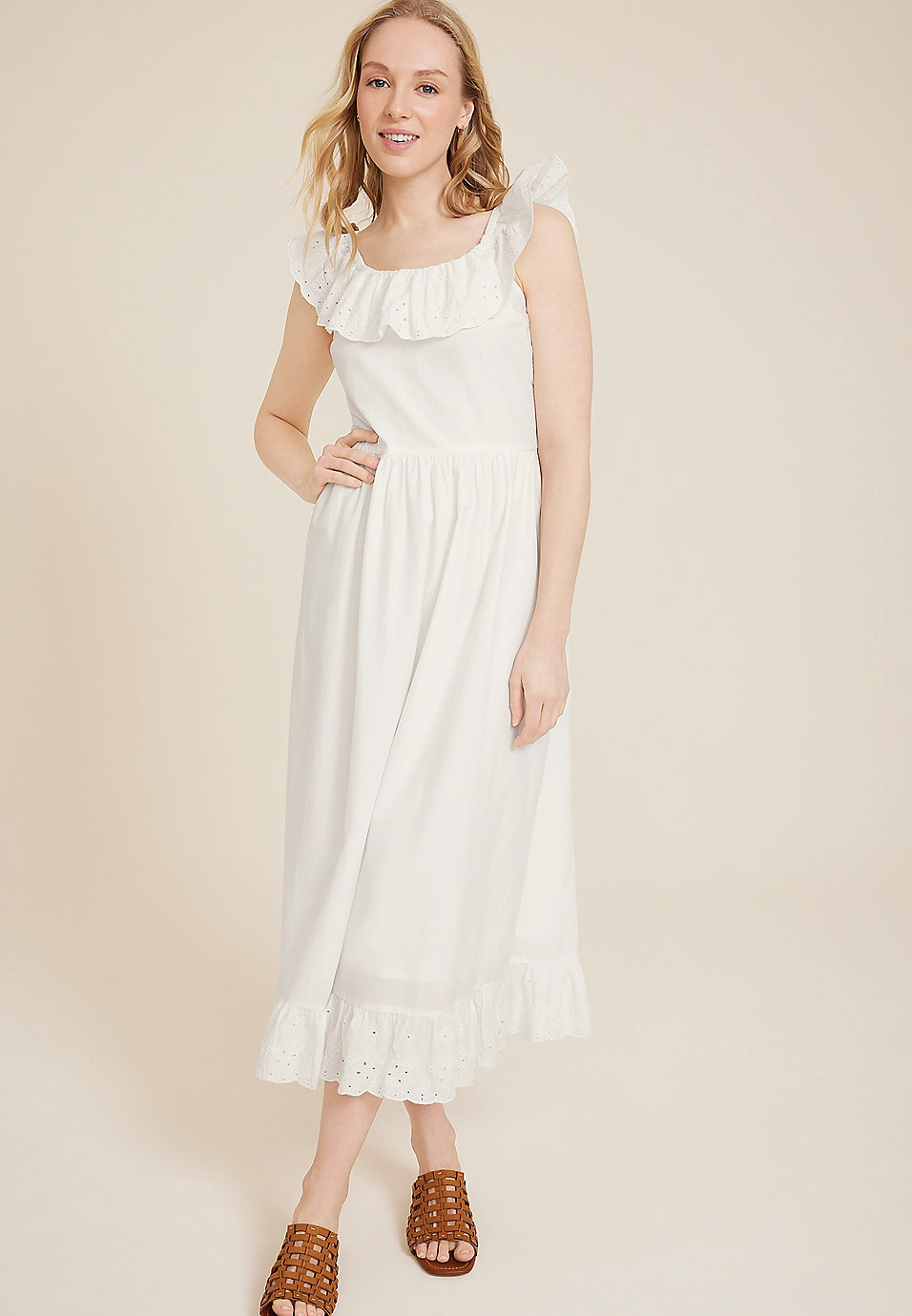 Eyelet Ruffle Trim Midi dress | Maurices