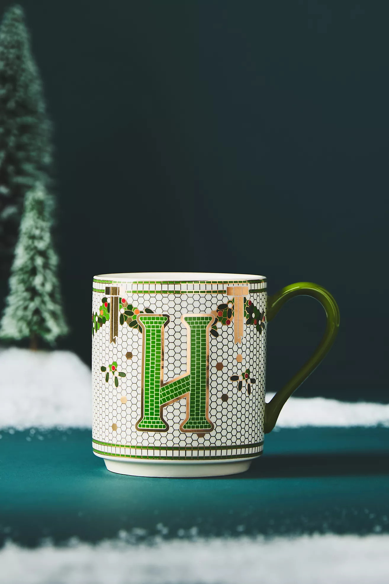 Bistro Festive Tile Stoneware Monogram Mug | Anthropologie (US)