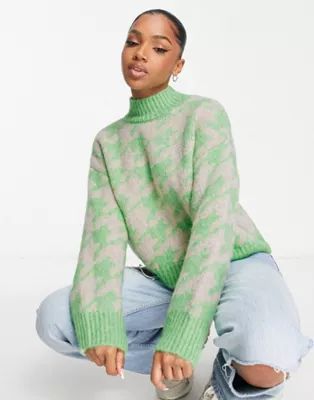 ASOS DESIGN chunky sweater in houndstooth pattern in green | ASOS (Global)