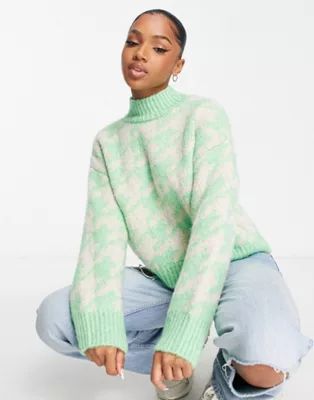 ASOS DESIGN chunky sweater in houndstooth pattern in green | ASOS (Global)