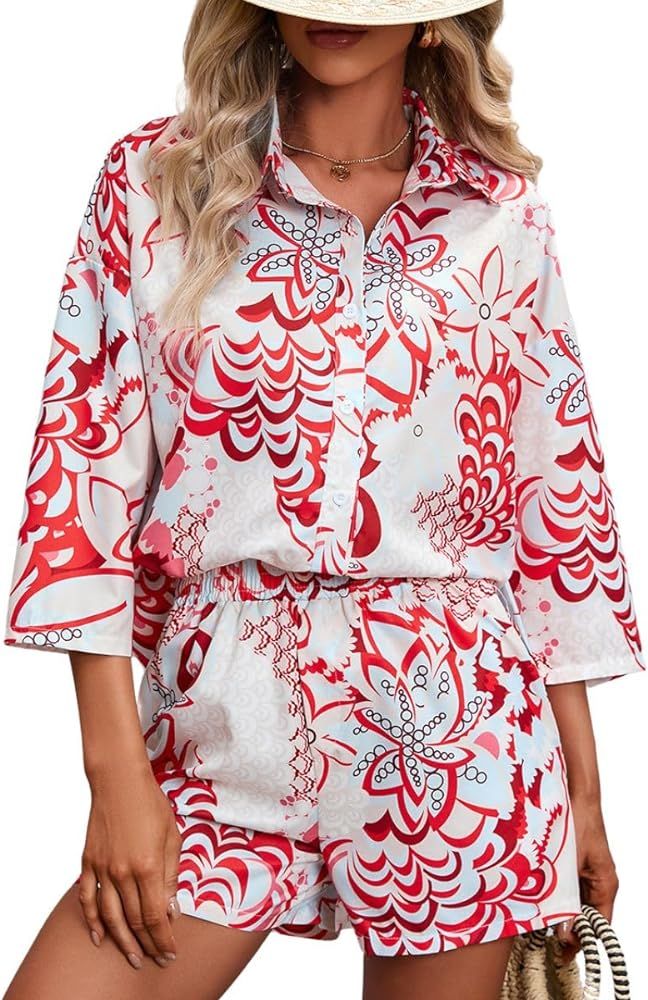 Women's Summer 2 Piece Outfits 3/4 Sleeve Floral Printed Button Down Shirt Blouse Top Shorts Trac... | Amazon (US)