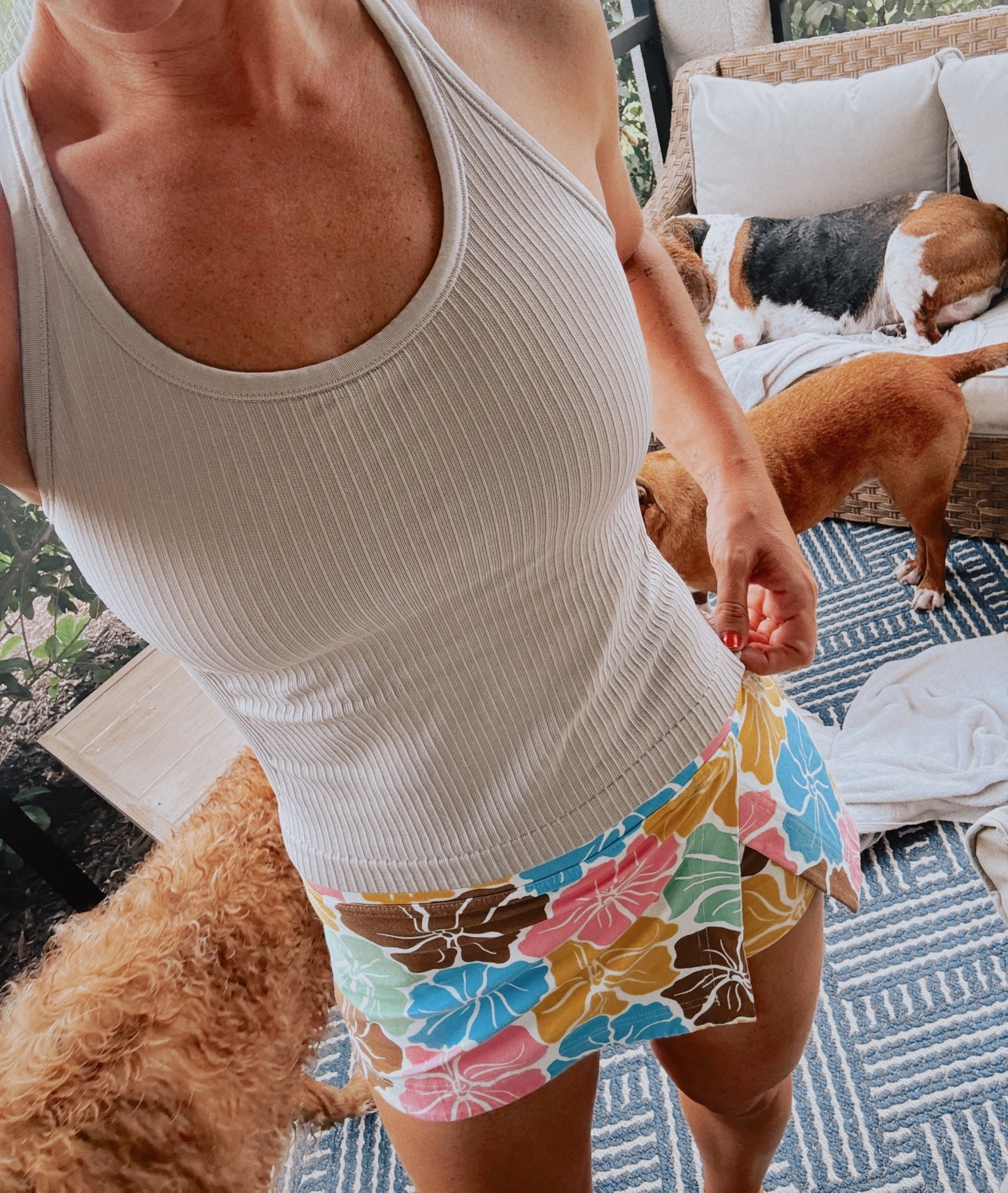 Recent fit mom. True to size!! Alwyss love this bra tank from Amazon. I’ve had it forever! Small skort.