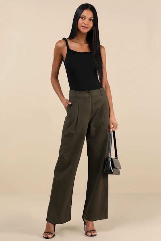 Charismatic Success Olive Pleated High-Rise Wide-Leg Pants | Lulus