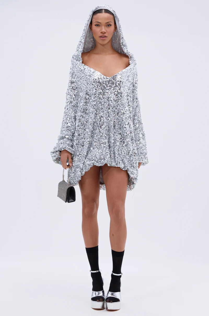 GISELLE SEQUIN SWEATSHIRT DRESS IN SILVER | AKIRA