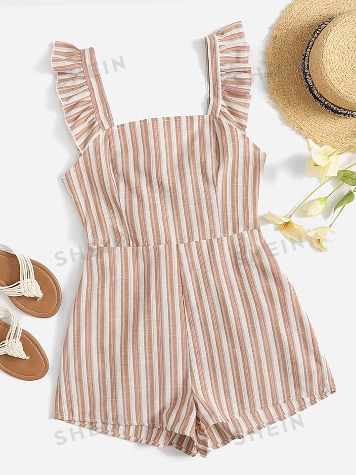SHEIN WYWH Striped Ruffle Tie Back Jumpsuit | SHEIN