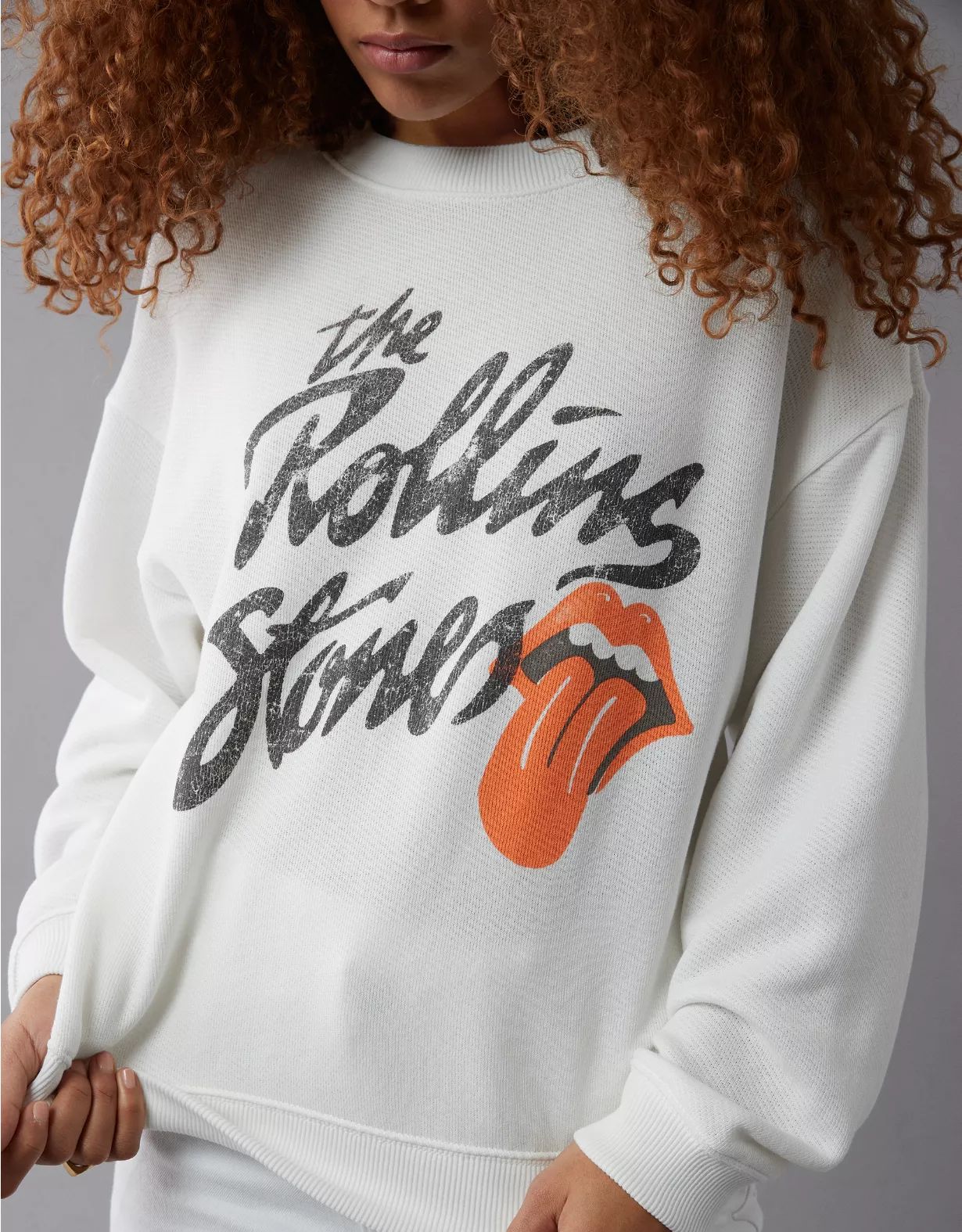 AE Oversized Distressed Rolling Stones Graphic Sweatshirt | American Eagle Outfitters (US & CA)
