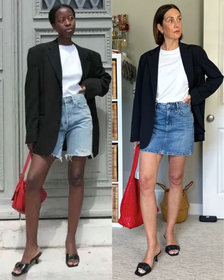 Pinterest chic summer look but instead of shirts I did a denim skirt!
Wearing my usual size S in the blazer and skirt and sized up to M in the white tee (it’s such a good basic, doesn’t wrinkle easily and isn’t sheer!)
Went up 1/2 size in the kitten heel sandals based on reviews. Also linked my bag, the denim shorts I also tried and the jeans I had on at the beginning (they stretched out with wash and wear I suggest sizing down one size in both the shorts and jeans)


#LTKShoeCrush #LTKItBag #LTKStyleTip