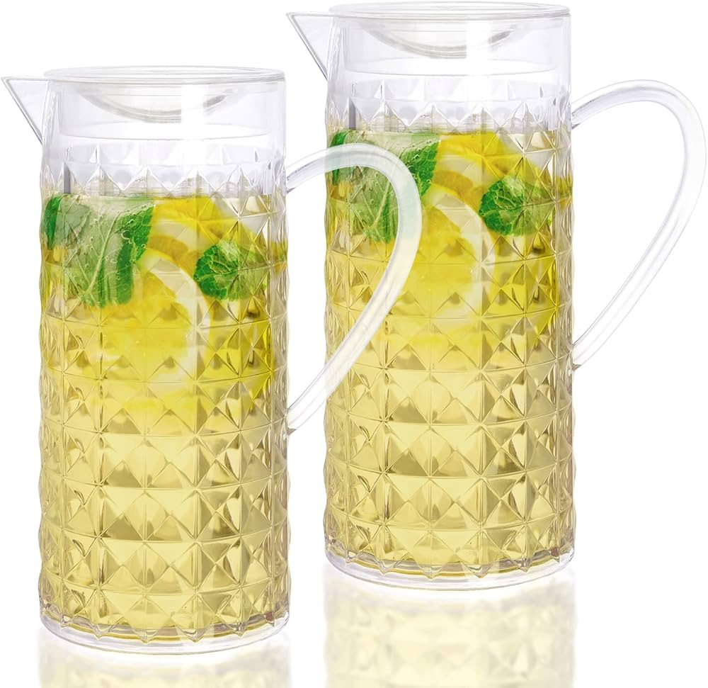 AVLA 2 Pack Acrylic Pitcher, 42 OZ Clear Water Container with Lid, Drink Beverage Fridge Jug, BPA... | Amazon (US)