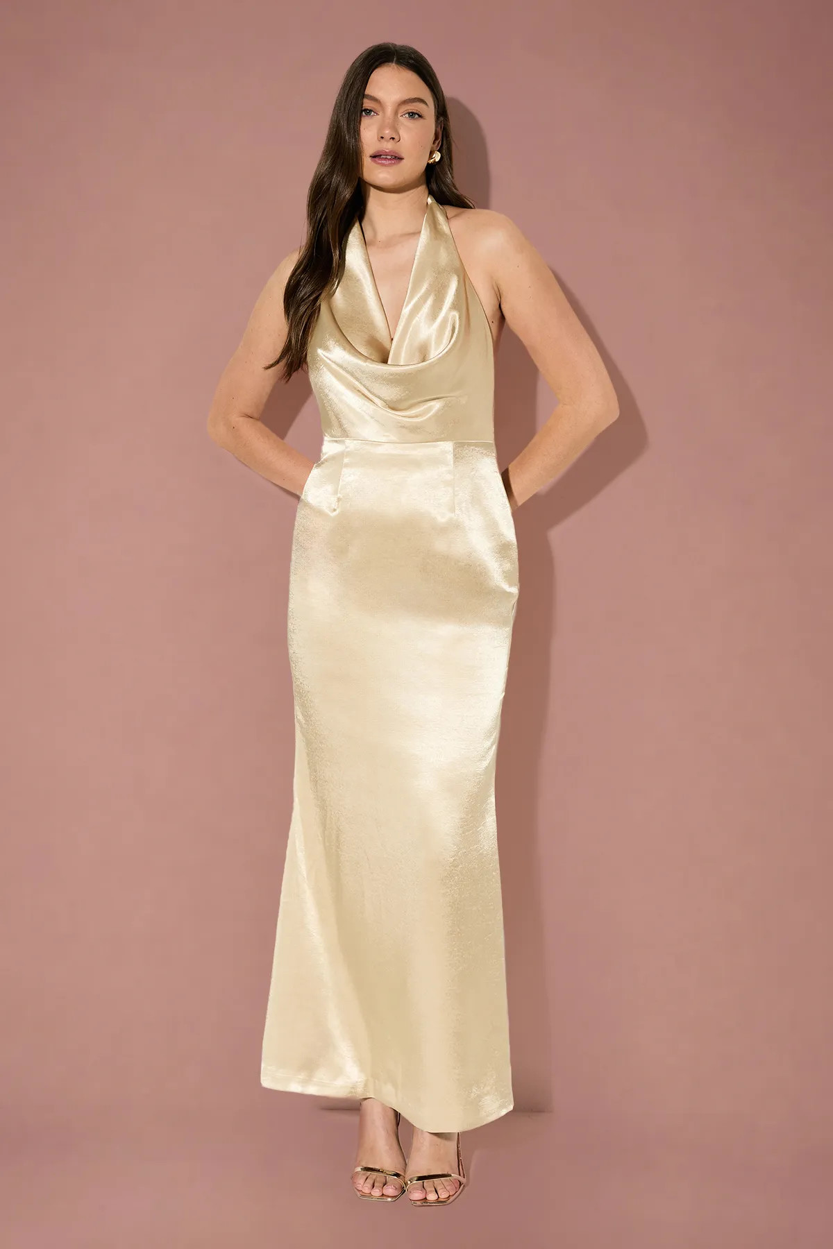Gold MISSPAP Premium Plunge Cowl Open Back Satin Maxi Bridesmaid Dress | Nasty Gal USA | Nasty Gal US
