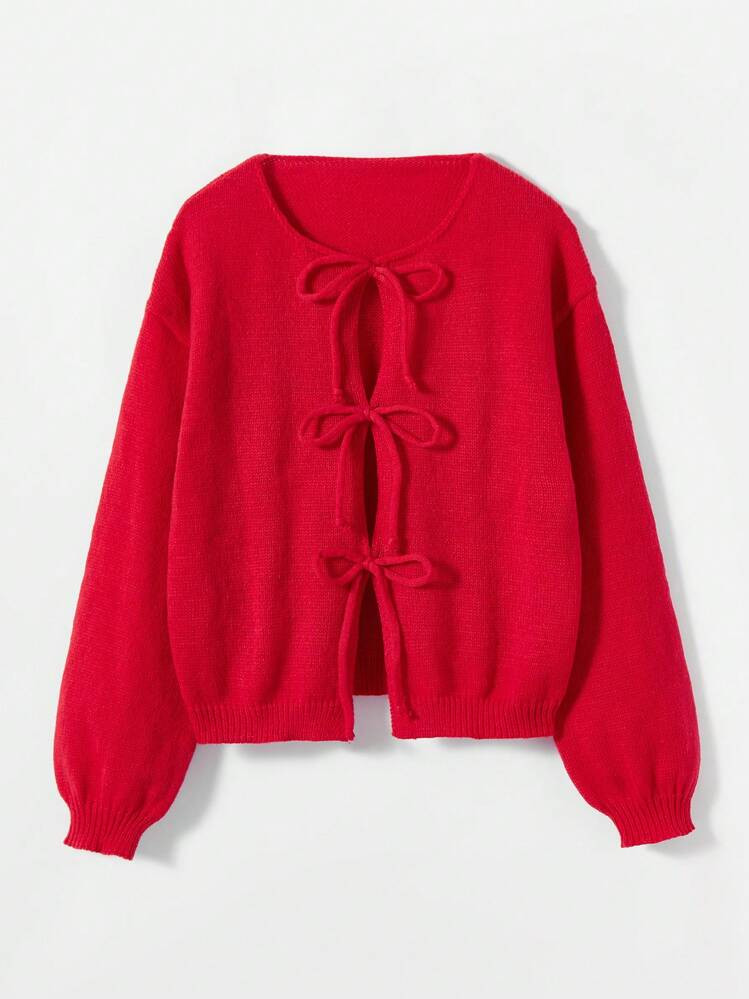 Solid Color Long Sleeve Tie-Knot Cardigan, Minimalist, Office Wear, Vintage, Simple, French Style... | SHEIN