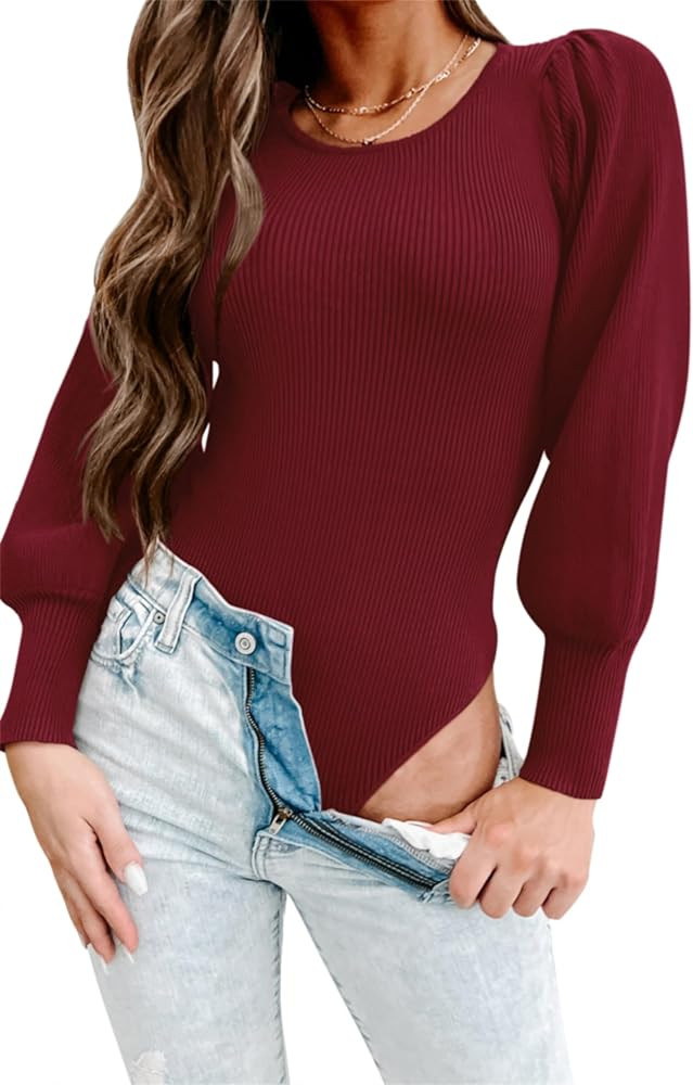 MASCOMODA Long Puff Sleeve Sweaters for Women 2024 Fall Winter Crewneck Knit Ribbed Bodysuit Pull... | Amazon (US)