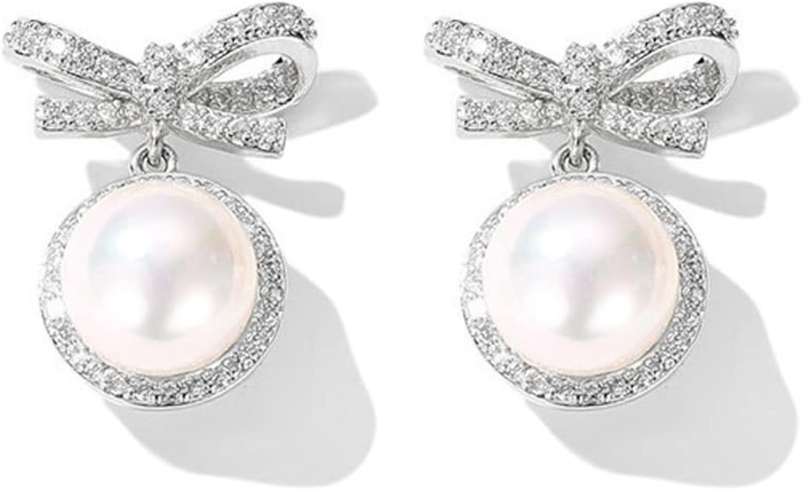 MIKAMU 14k Gold Ribbon Bow Stud Earrings for Women cubic zirconia Dainty Gold Plated Pearl Earrin... | Amazon (US)