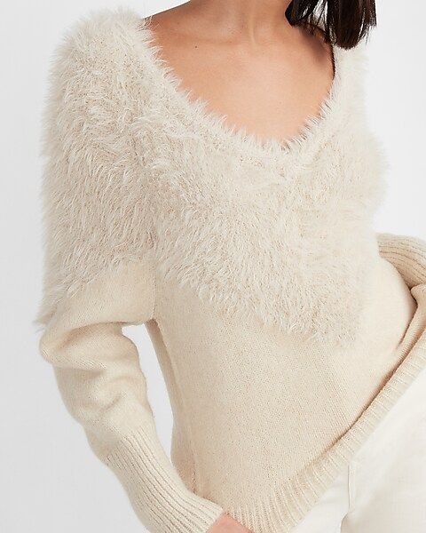 Faux Fur Pieced V-Neck Sweater | Express