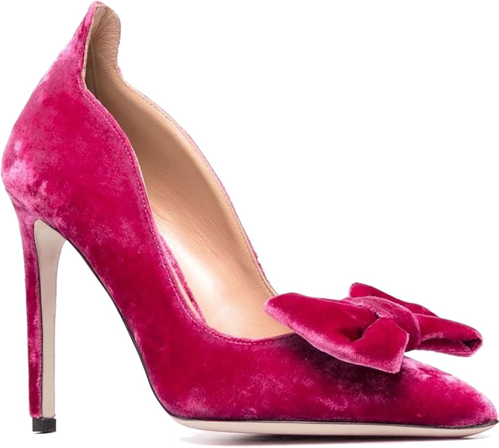 MOOMMO Women Velvet High Heels Pumps with Bows Sexy Pointed Toe Slip On Suede Pump 4 Inch Stilett... | Amazon (US)