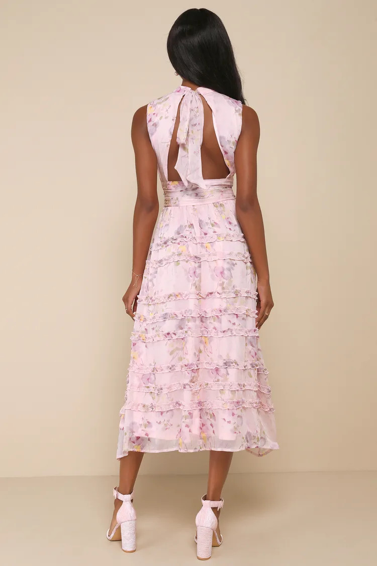 Happily Sweet Light Pink Floral Mock Neck Backless Midi Dress | Lulus